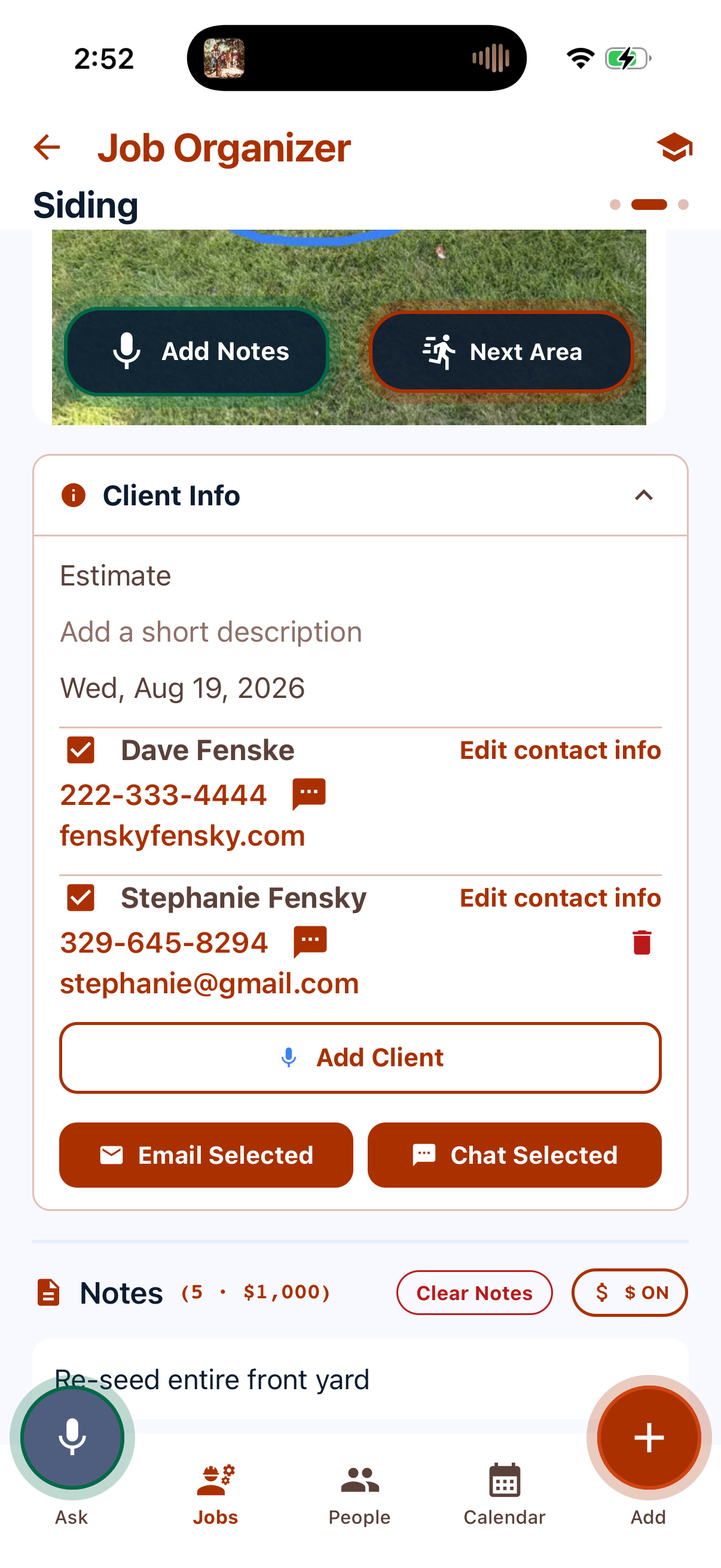 The Client Info panel inside a job, listing each client with call, text and email buttons, an Edit contact info link, and an Add Client button.