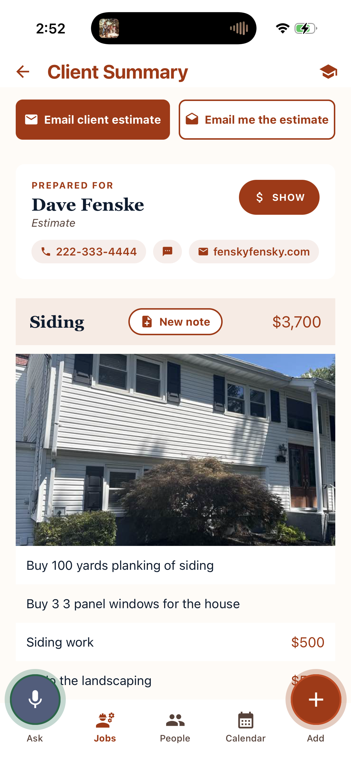 The Client Summary screen: Email client estimate and Email me the estimate buttons at top, the client's contact info, then an area's photo and line-item notes with costs.