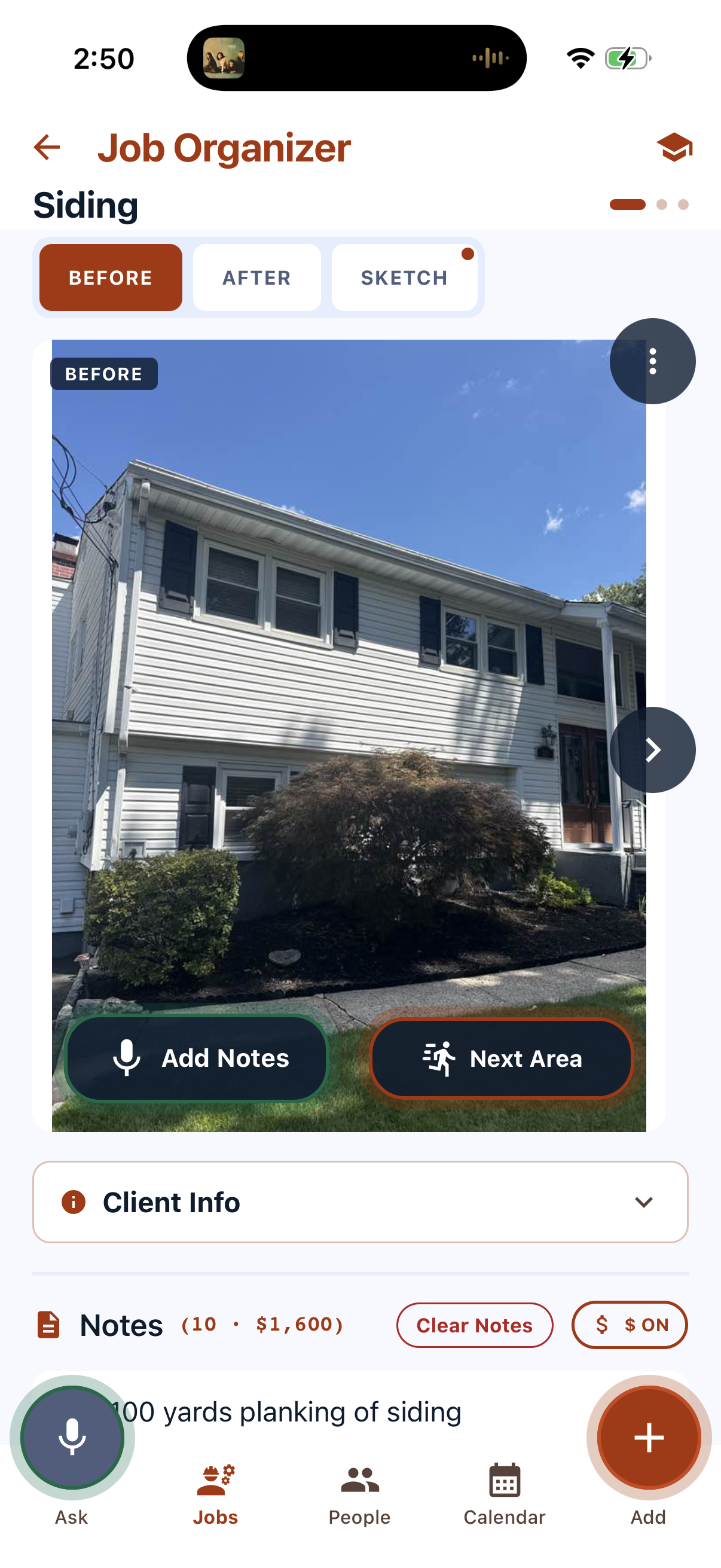 An area in a job: the photo with Add Notes and Next Area buttons over it, Before/After/Sketch tabs, and the notes total below.