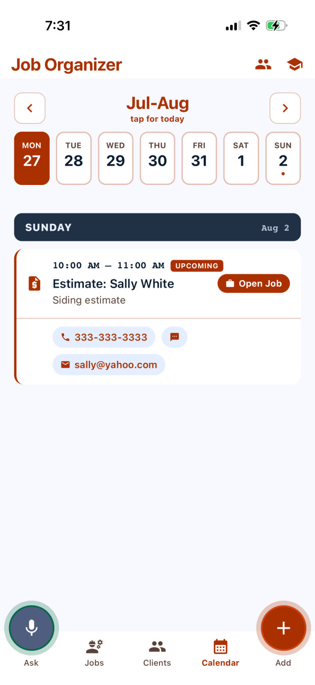 The Calendar week view with an upcoming estimate appointment showing the time, client, description and an Open Job button.