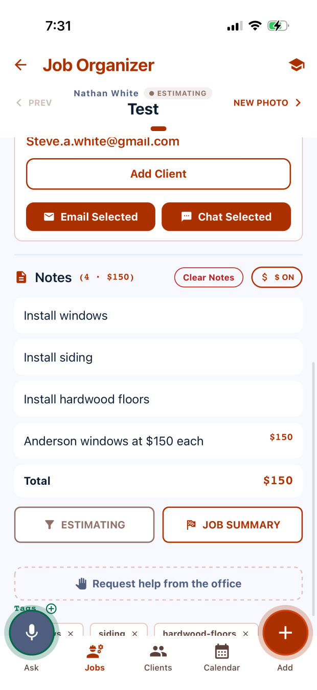 A job's notes list with costs on individual lines, a running total, the estimating status, a Request help from the office button, and auto-generated tags.