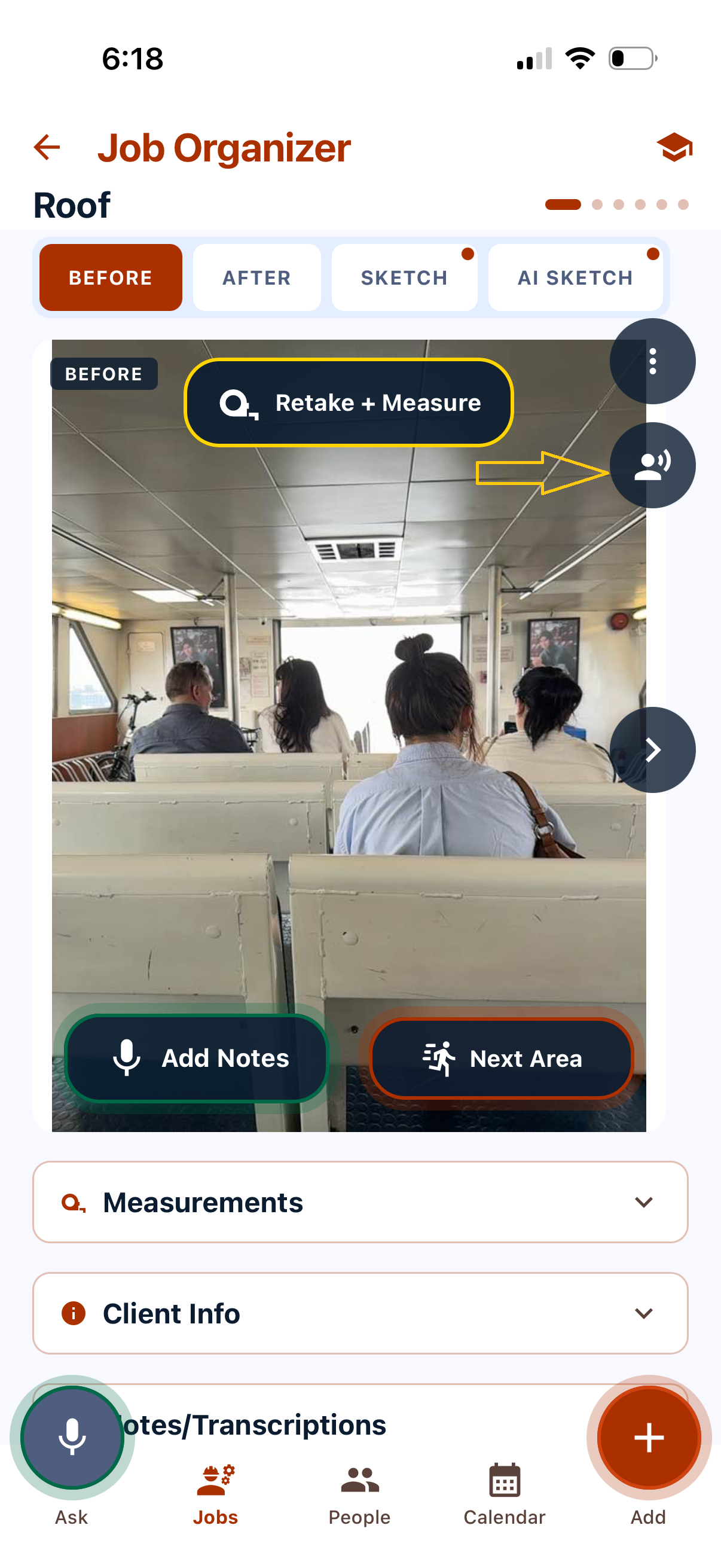 An area screen with the Record button on the photo highlighted, plus a matching Record button down in the tab bar.