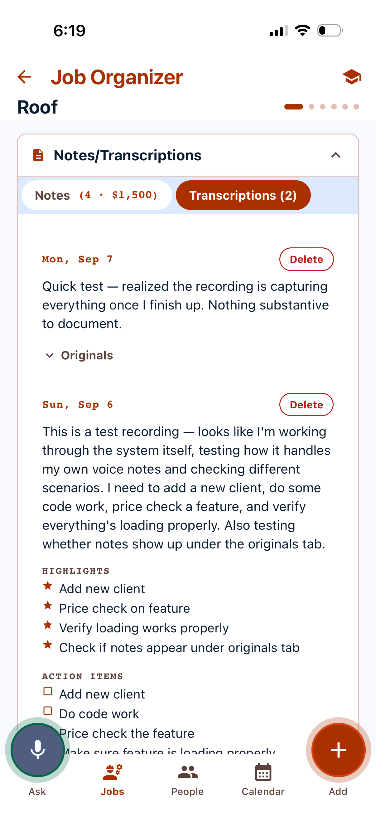 The job's Notes/Transcriptions panel on the Transcriptions tab, showing an AI-generated summary with Highlights and Action Items, and an expandable Originals section underneath.